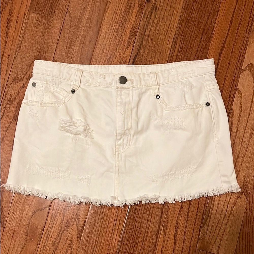 Free People Denim Destroyed Frayed Hem Mini Skirt